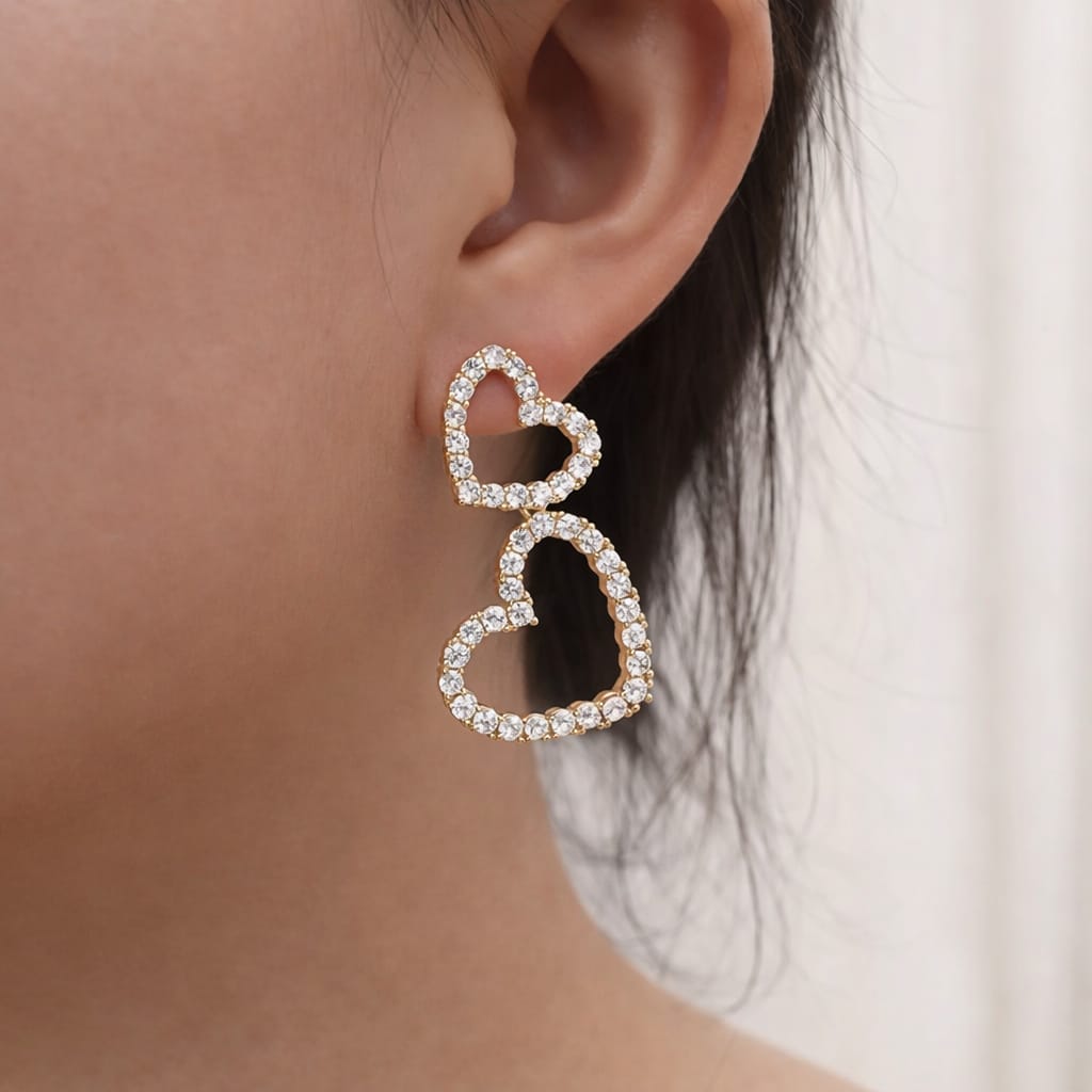 Funkelnde Doppel-Herz Ohrstecker
