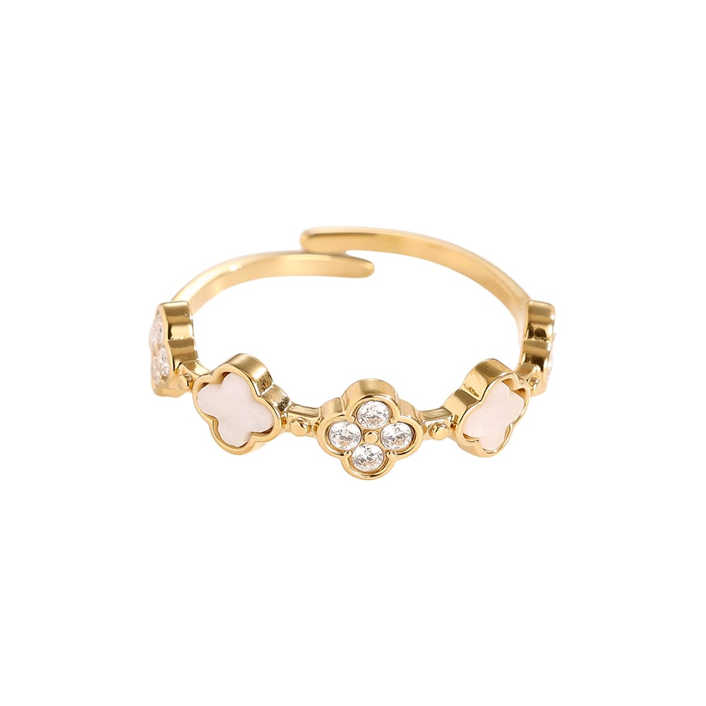 Offener Ring mit Kleeblatt-Motiven und Zirkonia-Steinen